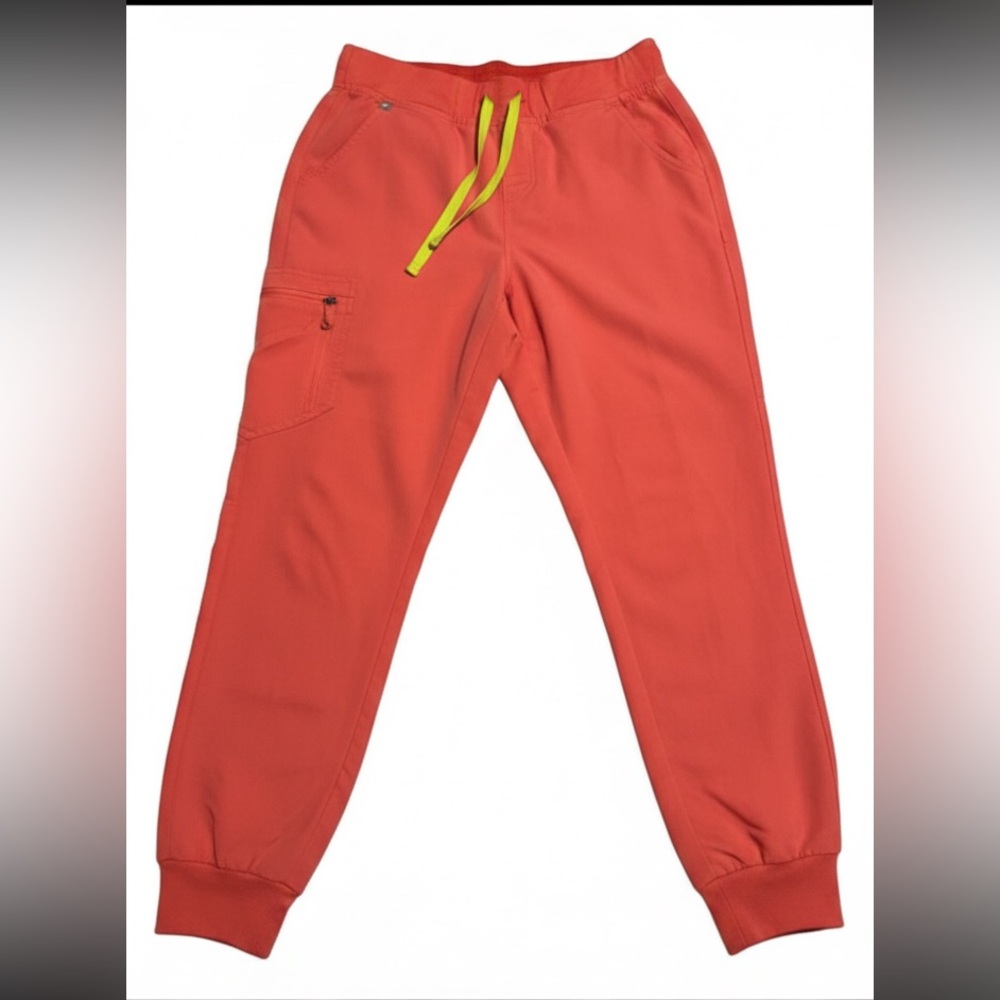 FIGS Zamora Jogger Scrub Pants - Orange Coral with Neon Yellow Drawstring S [M]